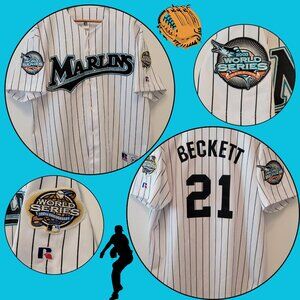 Vintage Fla Marlins JOSH BECKETT 2003 World Series 100th Anniv. Russell Jersey